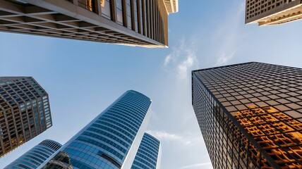 Perspective view looking up at modern skyscrapers against a clear blue sky symbolizing city growth urban architecture and business progress
