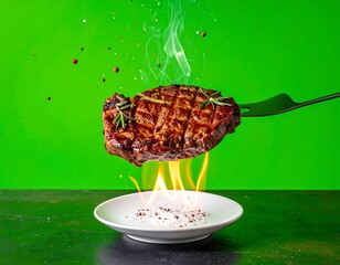 Grilled steak, smoke, flames