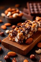 A tasty snack bar made with nuts and chocolate sits on a wooden board. Almonds and chocolate pieces are scattered around, creating an inviting scene perfect for snack lovers