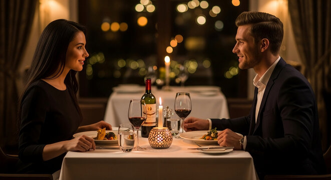Romantic Dinner Date A Couple Enjoying Wine and Food at a Restaurant with Candlelight, Celebrating Love and Romance - Powered by Adobe