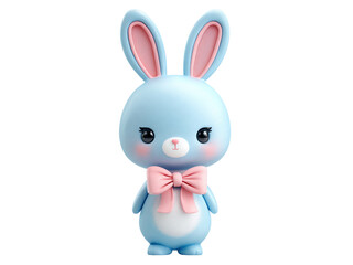Obraz premium Cute blue cartoon bunny with pink bow on black background