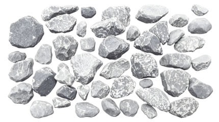 Assortment of gray stones and rocks scattered on a surface, detailed texture and variations in shape