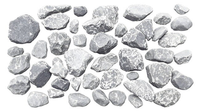 Assortment of gray stones and rocks scattered on a surface, detailed texture and variations in shape