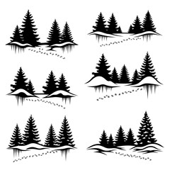 Obraz premium Vector art of silhouette vector set of winter forest with fir trees, snowdrifts, icicles and animal tracks christmas design