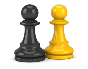 Two chess pawns, black and yellow, facing forward