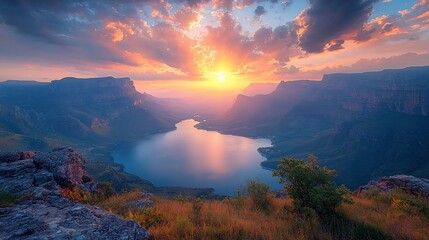 Majestic mountain range sunset over tranquil lake