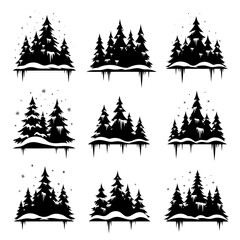 Obraz premium Vector art of winter forest silhouettes pine trees covered with snow and icicles for creating seasonal designs