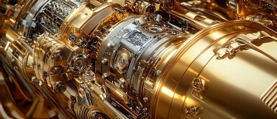 Intricate gold and silver metal mechanism close up view high tech engineering design