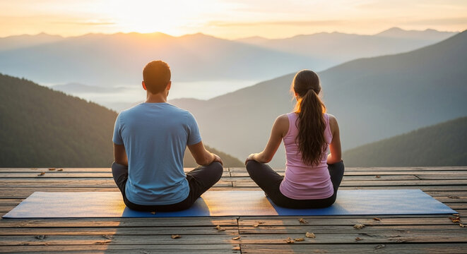 Peaceful couple meditating on wooden deck overlooking serene mountain landscape at sunrise, practicing mindfulness and yoga