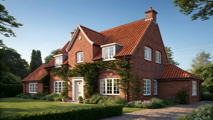 Elegant brick house with manicured lawn and climbing ivy details