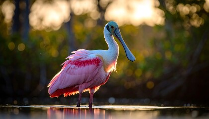 Pink bird wading in shallow water at sunset (1)
