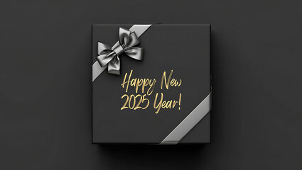 Black gift box with silver ribbon for happy new year 2025
