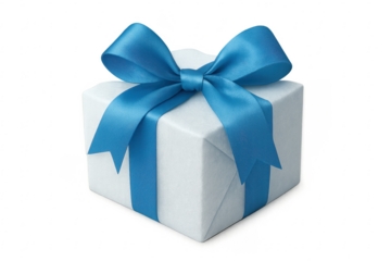 White gift box wrapped with light blue ribbon on transparent background