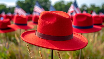 Many red hats in a field, with flags