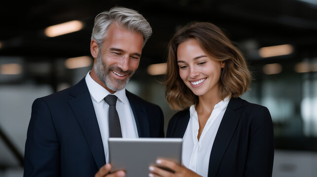 Mature mentor businessman guiding young female colleague, holding tablet, professional office background, leadership and collaboration conceptmentor and trainee, business leadershi