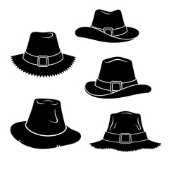 Vector art of collection of pilgrim hats in black silhouette for thanksgiving holiday celebration and historical reenactments