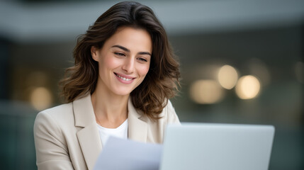 Young professional woman in beige blazer, working at desk with laptop and financial documents, smiling while reading papers, modern office setting. businesswoman working, office do