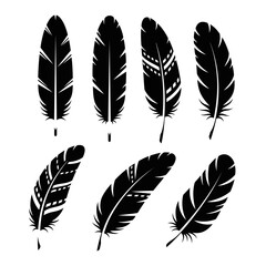 Vector art of a set of seven black and white feathers with different designs each feather has a unique pattern and shape © PixelCraftGallery