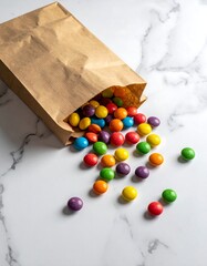 Colorful candies spilling from brown paper bag