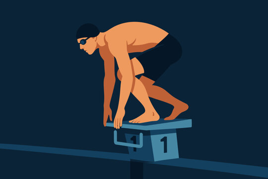 Flat style swimmer preparing for dive on starting block under dark background
