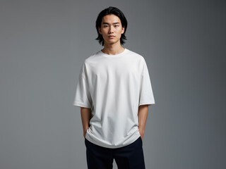 Asian young male mockup model wearing oversized white plain T-shirt, studio fashion template