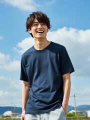 Asian young male mockup model wearing navy plain T-shirt on a sunny day, outdoor fashion template