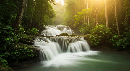 Cascading waterfall in a lush green forest with sunlight filtering through the trees creating a serene scene ai generated