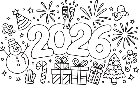 Happy new year 2026 coloring page design with snowman christmas tree gifts and festive elements for celebration fun