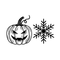 Vector art of spooky halloween pumpkin and snowflake, a unique blend of festive elements for winter and halloween themed designs