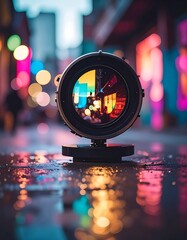 Colorful city scene through a lens