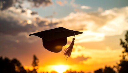 Graduation cap floating in sunset sky