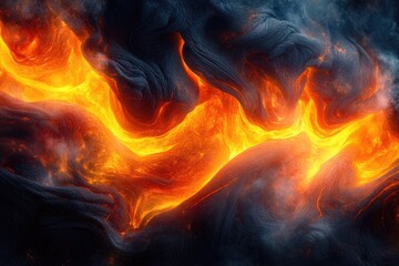 Fototapeta premium Fiery lava flows through dark, textured volcanic rock, creating a dramatic, fiery landscape.