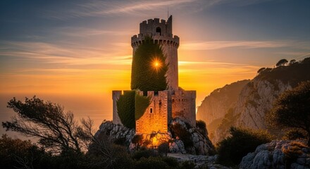 Fototapeta premium Ancient Stone Tower Bathed in Golden Sunset Light Overlooking the Ocean