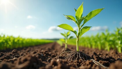 Young rapeseed plant with visible roots grows in rich soil under sunlight. Agricultural field growth, vitality, organic farming practices. Green vegetation stretches towards clear blue sky.