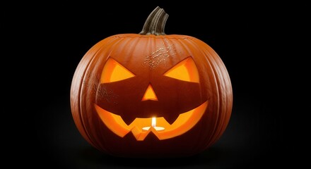 Spooky Glowing Jack O Lantern with a Candle Inside on a Dark Background