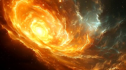 A vibrant, swirling nebula in deep space, glowing with intense orange and yellow light, resembling a cosmic whirlpool or a fiery galaxy in the vast universe 4k video - Powered by Adobe