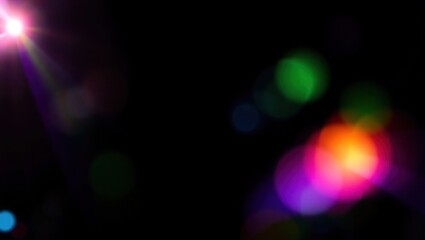 Blurred rainbow refraction overlay effect. Light lens prism effect on black background. Holographic reflection, crystal flare leak shadow overlay. Colorful rainbow disco ball light