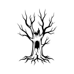Vector art of silhouette of an old, hollow tree with a mysterious opening and bare branches, evoking a sense of mystery