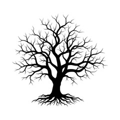 Vector art of detailed silhouette of a bare tree with intricate branches and roots, showcasing its natural beauty and structure