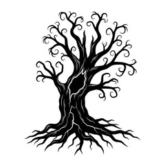 Vector art of creepy dead tree with gnarled branches and roots, , creating a spooky and eerie atmosphere for halloween designs