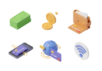 Set of isometric digital technology and financial icons including cryptocurrency credit card and electronic devices for modern applications and websites Tansparent Background