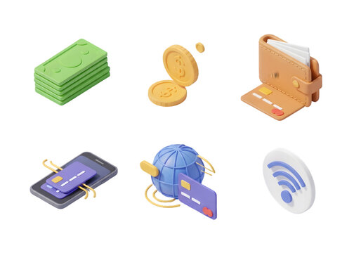 Set of isometric digital technology and financial icons including cryptocurrency credit card and electronic devices for modern applications and websites Tansparent Background