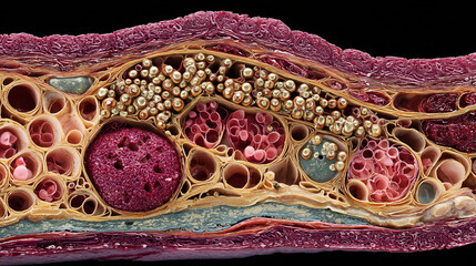 High detail histology of pancreatic tissue showing acinar cells islets of Langerhans medical microscope view biology illustration cellular anatomy education