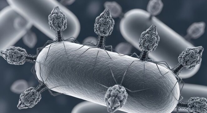 Bacteriophage Viruses Attacking a Bacterial Cell Surface for Scientific Research