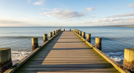Fototapeta premium Wooden Pier Extending Into The Ocean Under A Bright Blue Sky