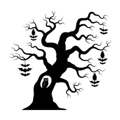 Vector art of spooky halloween tree silhouette, adorned with bats and an owl, perfect for festive and eerie designs