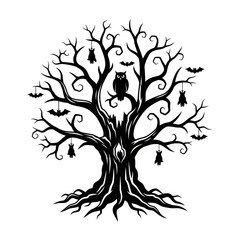 Vector art of spooky halloween tree with bats and owl silhouette of a creepy tree with bats hanging from branches