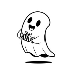 Vector art of happy ghost holding a gift halloween character with present spooky and adorable spirit for holiday design and decoration