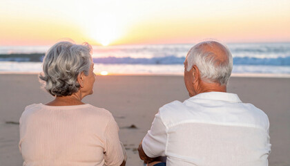 An elderly couple sitting on the beach at sunset, smiling at each other while watching the ocean waves, symbolizing love, peace, and lifelong companionship.