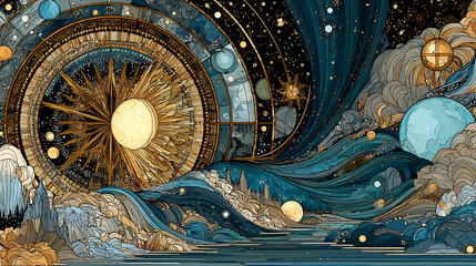 Journey through Canes Venatici constellation celestial bodies stars in intricate cosmic composition astronomy inspired educational digital illustration